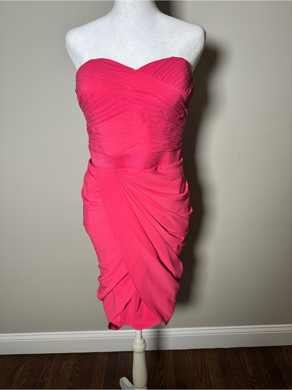 Cache Strapless Ruched Cocktail Dress in Hot Pink